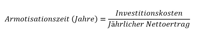 Formel zur Berechnung der Amortisationszeit in Jahren: Amortisationszeit = Investitionskosten / Jährlicher Nettoertrag.