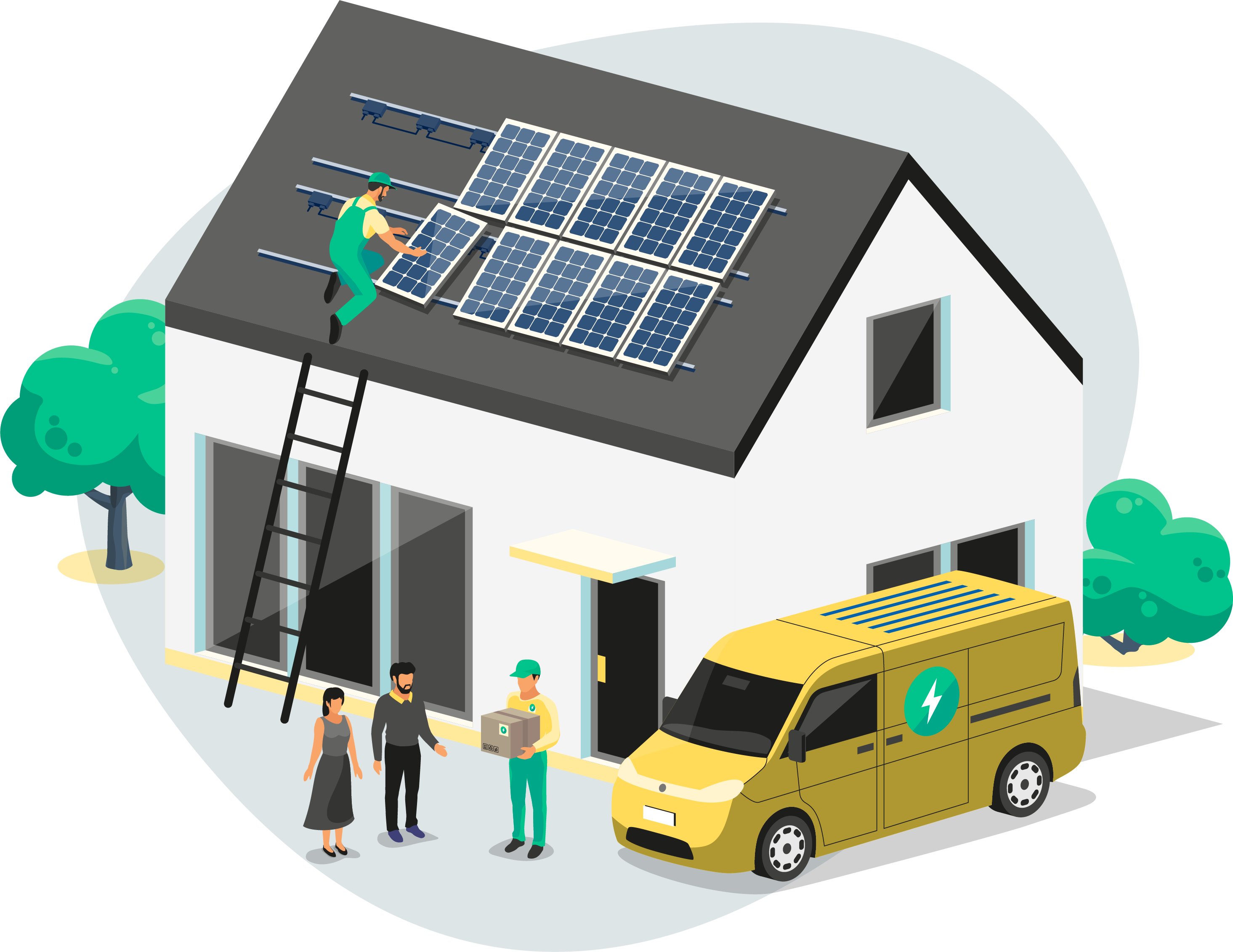 Installateur montiert Solarmodule auf dem Dach eines Hauses, während unten ein gelber Lieferwagen mit Blitzsymbol und drei Personen stehen.