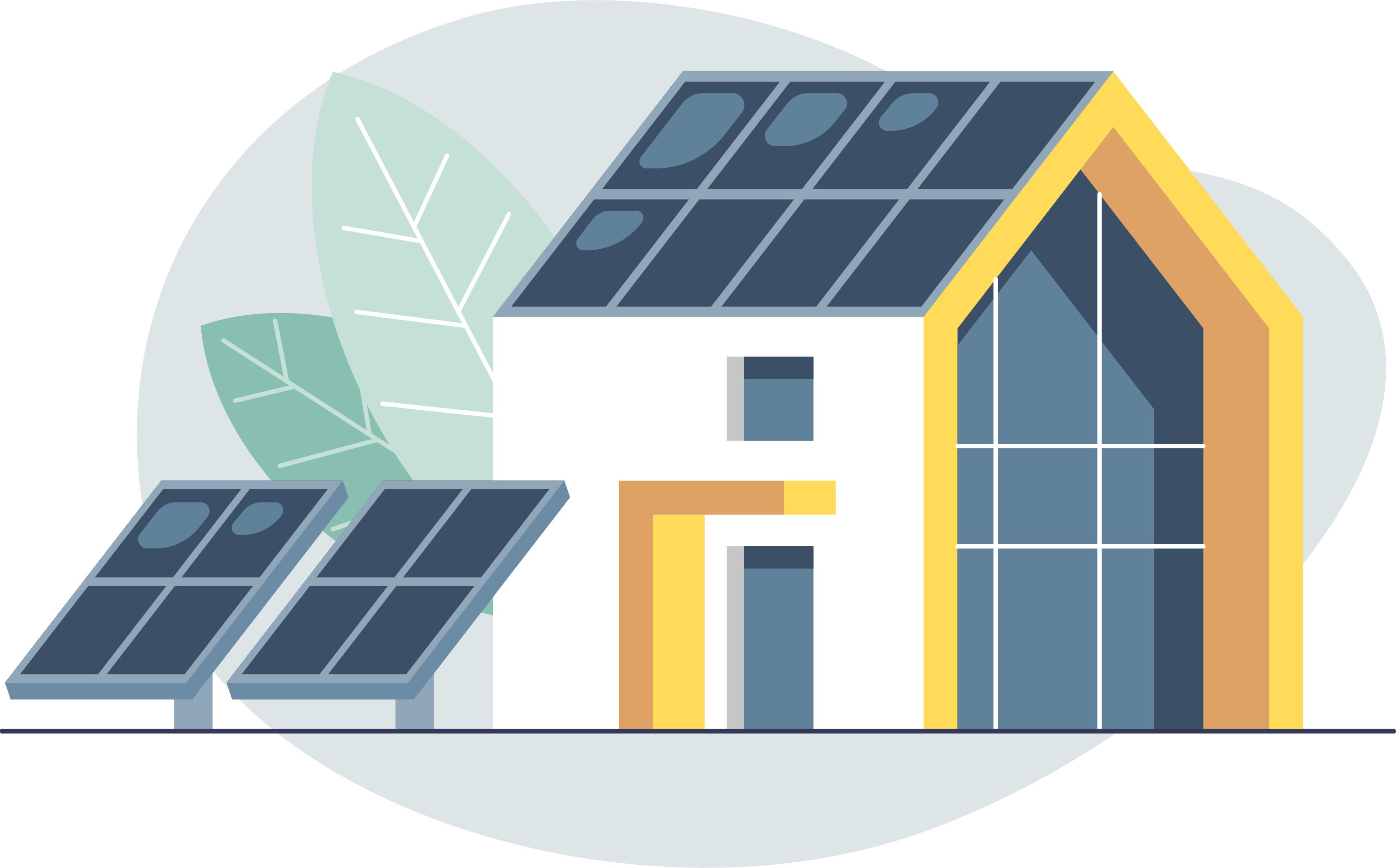 Illustriertes modernes Haus mit großen Fenstern und Solarmodulen auf Dach und Boden, umgeben von stilisierten Blättern.