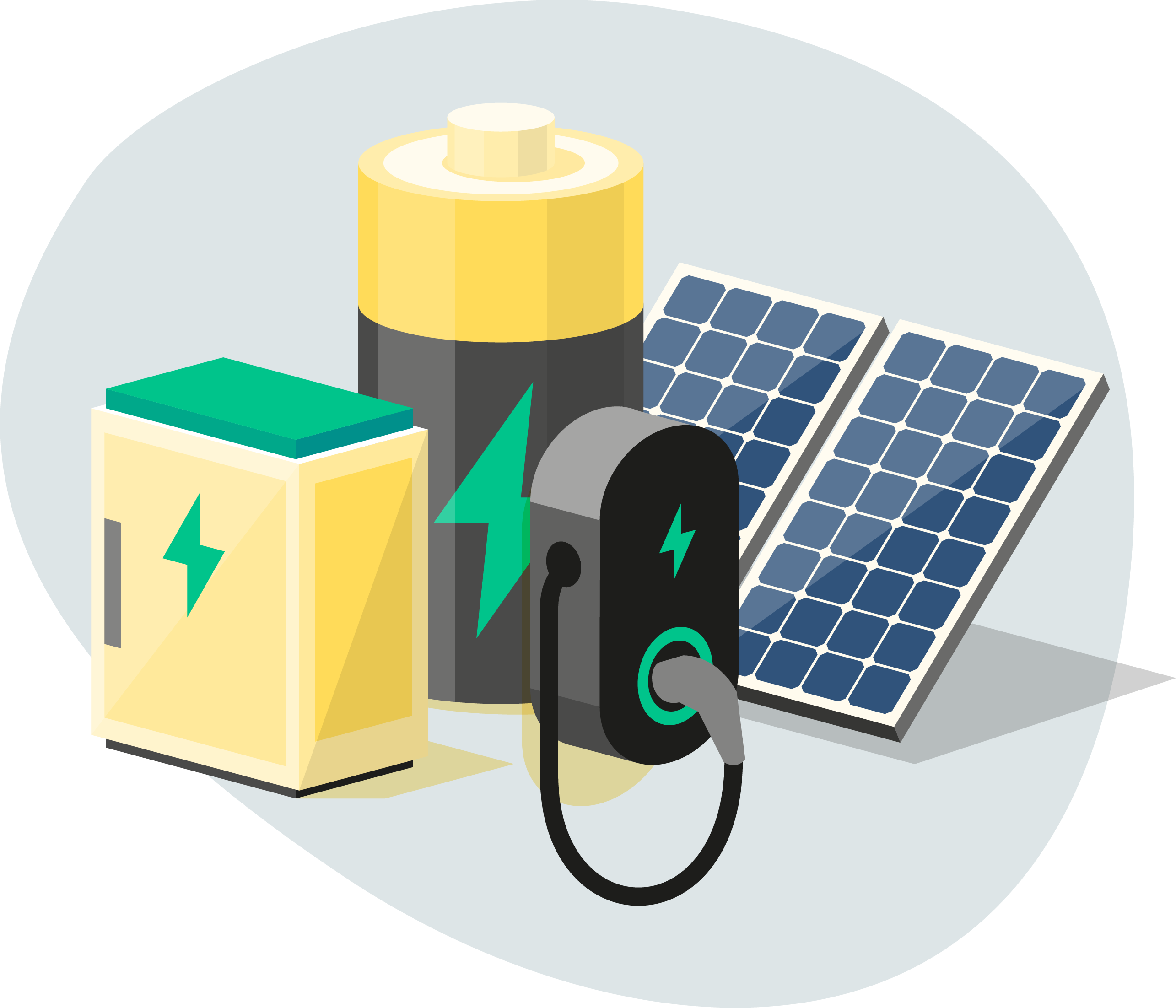 Symbolbild mit Batterie, Solarmodulen, Stromspeicher und Ladestation für erneuerbare Energie.