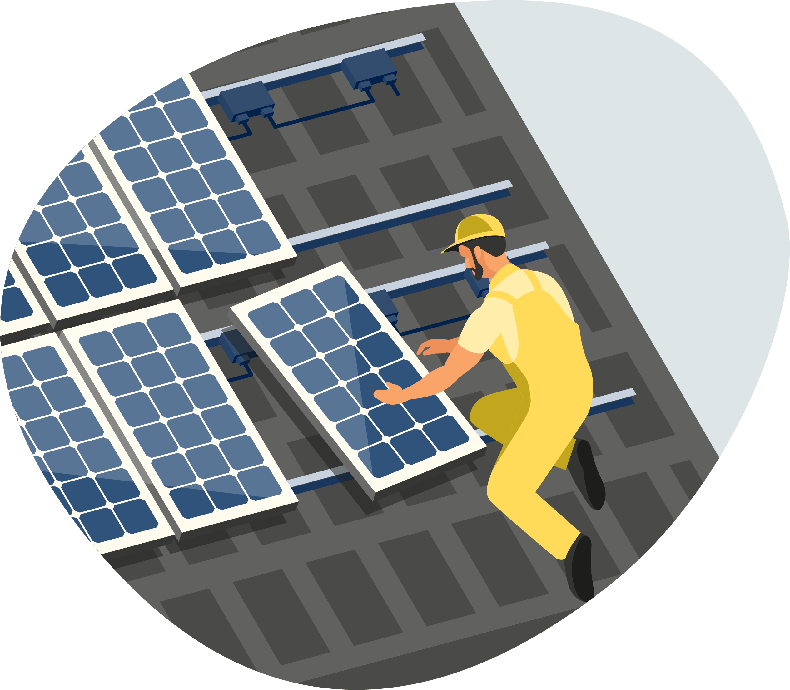 Handwerker in gelber Arbeitskleidung montiert ein Solarmodul auf einem Dach.