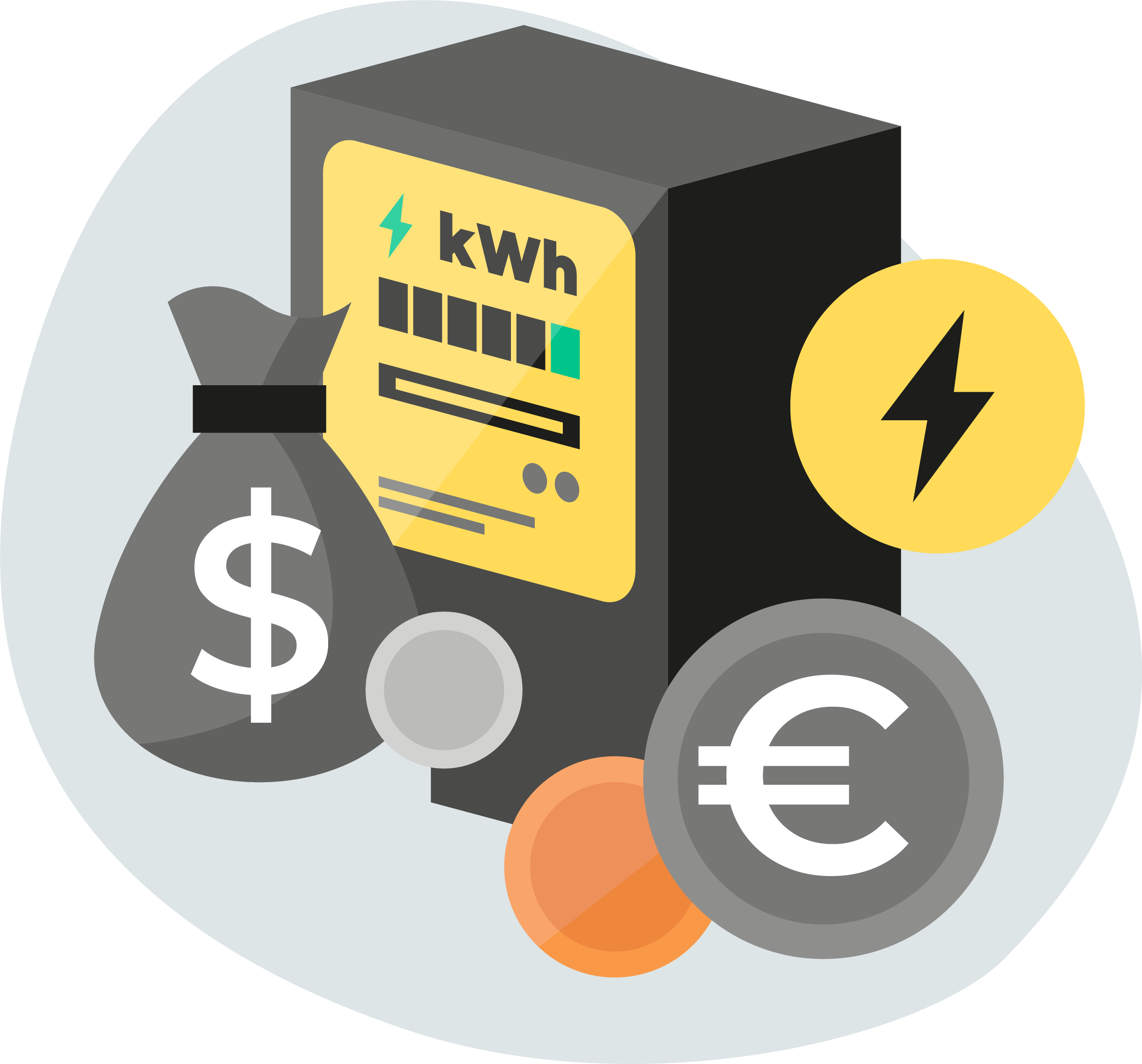 Stromzähler mit kWh-Anzeige, Geldsymbolen und Blitzsymbol für Energie und Kosten.